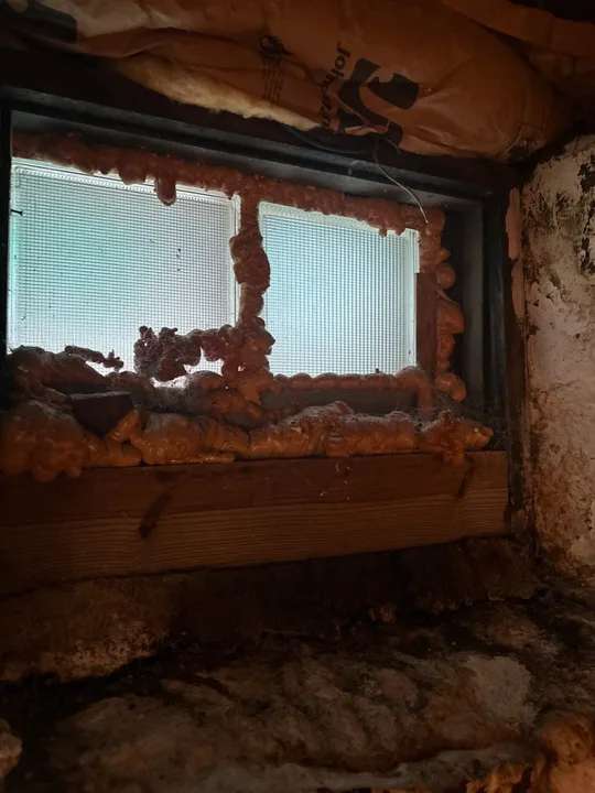 Exposed framing and insulation surround the existing window, showing the opening before the renovation is complete.